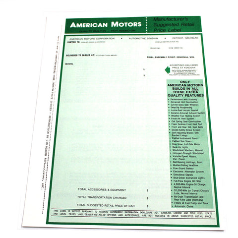 New Car Window Sticker, 1966-67 AMC