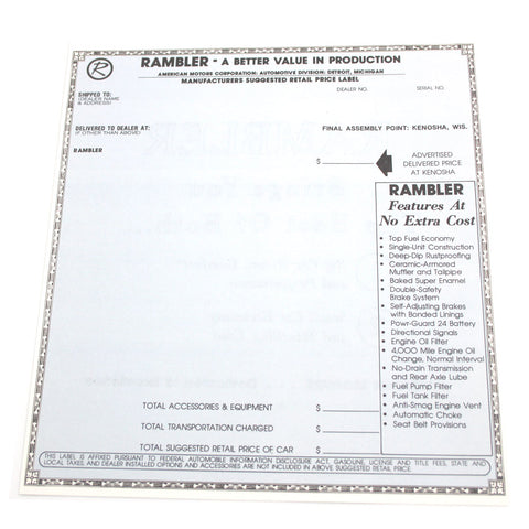 New Car Window Sticker, 1963-65 Rambler