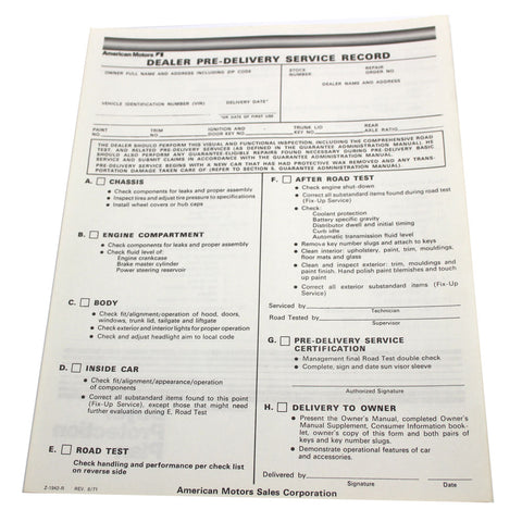New Car Pre-Delivery Sheet, 1972-73 AMC