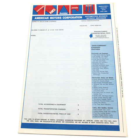 New Car Window Sticker, 1969 AMC