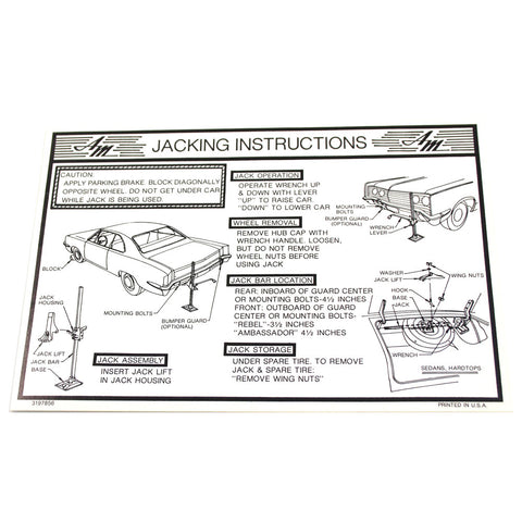 Jack Instructions Decal, 1969 AMC Ambassador, Rebel