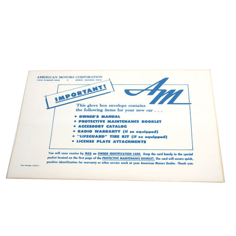 New Car Owners Manual Envelope, 1970-73 AMC