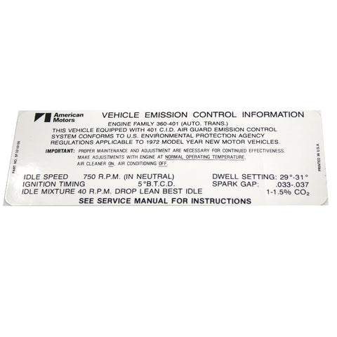 Emission Decal, 401 V-8 Automatic Transmission, 3216106, 1972 AMC