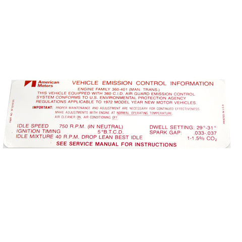 Emission Decal, 360 V-8 Manual Transmission, 3216105, 1972 AMC