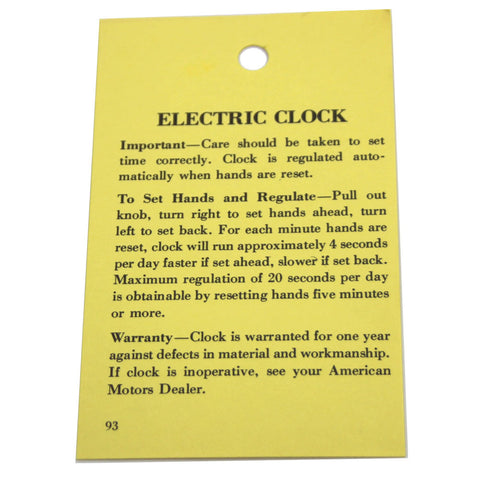 Electric Clock Instruction Tag 93, 1958-64 Rambler - AMC Lives