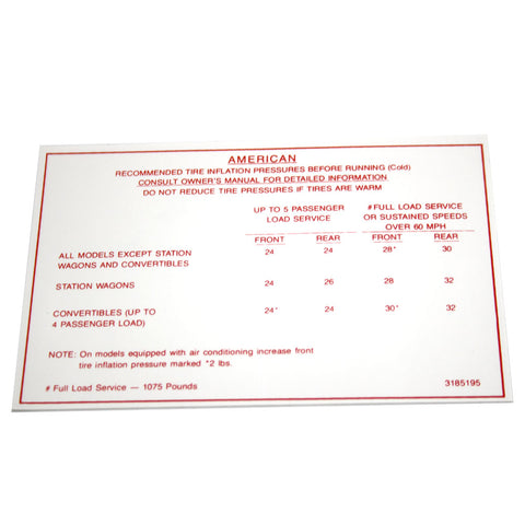 Tire Pressure Decal 3185195, 1966 Rambler American