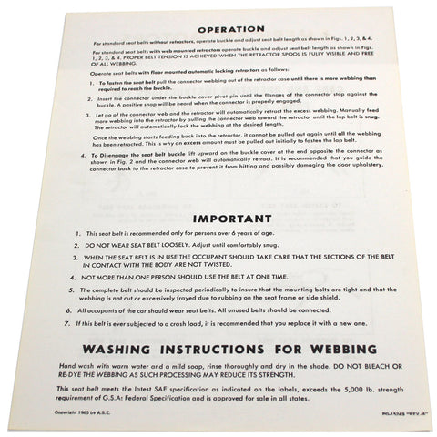 Seat Belt Instruction Sheet, PG15249 24-149, 1965-66 Rambler
