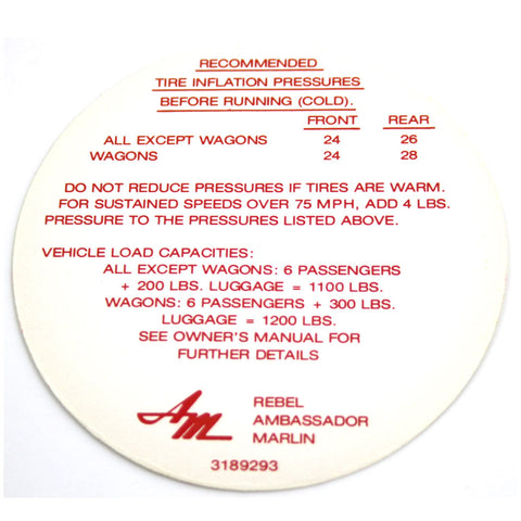 Tire Pressure Decal, 1967 Rambler Ambassador, Marlin, Rebel