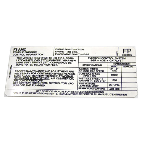 Emission Decal, Light Duty 258 C.I.D. Automatic Transmission, FP 3238530, 1980 AMC, Eagle