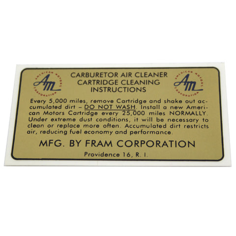 Air Cleaner Service Decal, Fram, 1965 AMC, Rambler