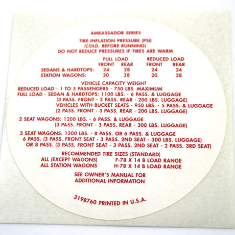 Tire Pressure Decal, 3198760, 1967-70 AMC, Rambler Ambassador, Rebel