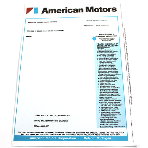 New Car Window Sticker, 1972 AMC