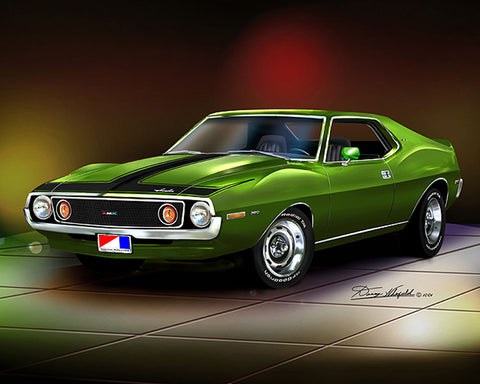 Fine Art Print, 1971-73 AMC Javelin AMX, 16"x20", By Danny Whitfield(9 Body Colors) - Drop ships in approx. 3-4 weeks