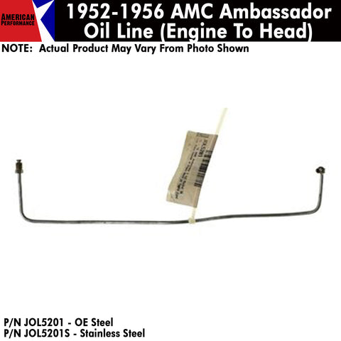 Oil Line, Engine Block To Head Rocker, 1952-56 AMC Ambassador 6-Cylinder (OE Steel or Stainless) - Drop ships in approx. 4-6 weeks