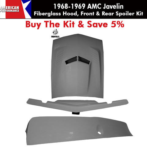Fiberglass "Mongrel" Hood, Group 19 Style Front & Mark Donohue Style Rear Spoiler Kit, 1968-69 AMC Javelin - AMC Lives