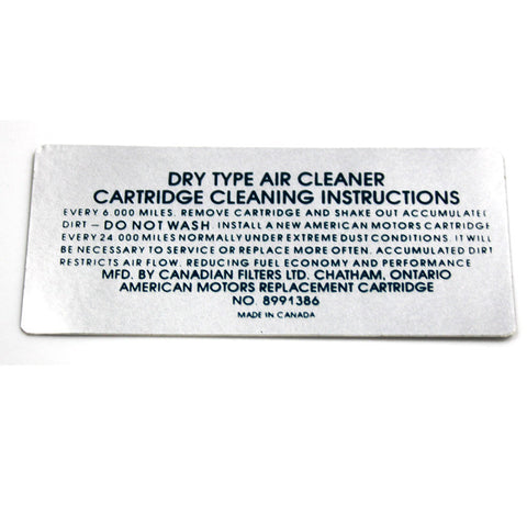 Air Cleaner Service Decal, 6-Cylinder 8991386, 1971 AMC - AMC Lives