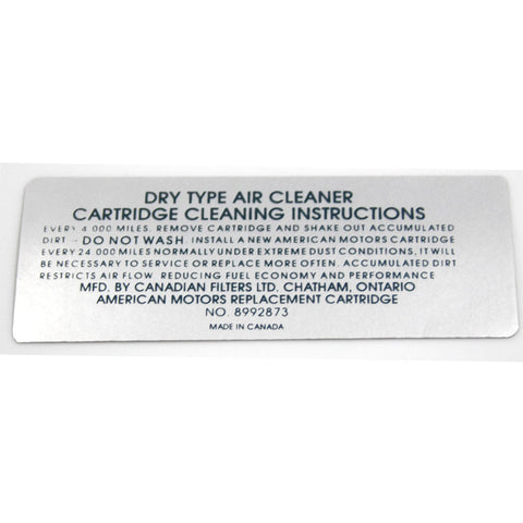 Air Cleaner Service Decal, 8992873, V-8, 1972 AMC - AMC Lives
