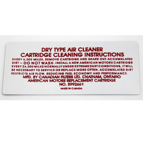 Air Cleaner Service Decal, 8992661, 1973 AMC V-8