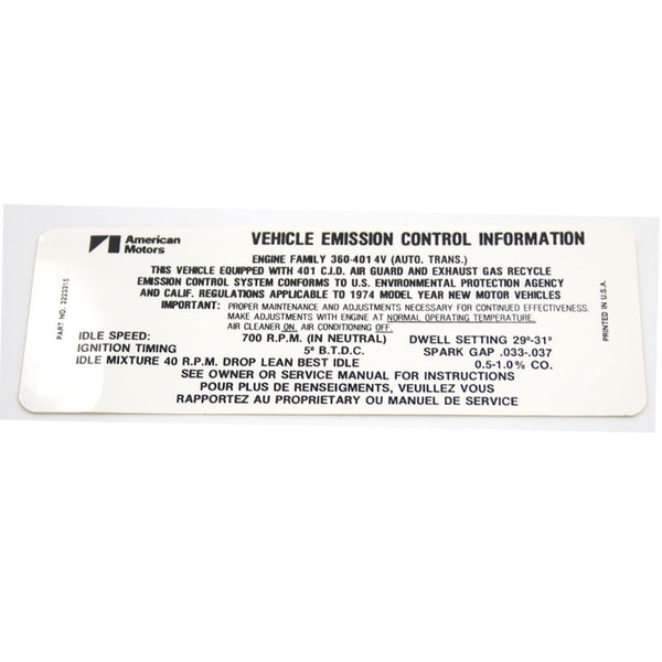 Emission Decal, 401 V-8 Automatic Transmission, 3223315, 1974 AMC