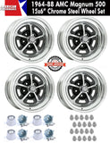 Magnum 500 Wheel, 15X6" Chrome Steel, Set of 4 With Center Caps & Lug Nuts, 1964-88 AMC, Rambler, Eagle - Drop ships in approx. 1-4 weeks