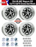 Magnum 500 Wheel, 15X7"/15x8" Staggered Chrome Steel, Set of 4 With Center Caps & Lug Nuts, 1964-88 AMC, Rambler, Eagle - Drop ships in approx. 1-4 weeks
