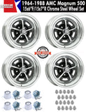 Magnum 500 Wheel, 15X6"/15x7" Staggered Chrome Steel, Set of 4 With Center Caps & Lug Nuts, 1964-88 AMC, Rambler, Eagle - Drop ships in approx. 1-4 weeks