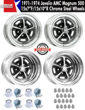 Magnum 500 Wheel, 15x7"/15x10" Staggered Chrome Steel, Set of 4 With Center Caps & Lug Nuts, 1971-74 AMC Javelin, Javelin AMX - Drop ships in approx. 1-4 weeks