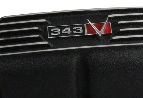 Valve Cover Kit, 343 Logo, Finned Black Wrinkle Aluminum, 1967-69 AMC, Jeep