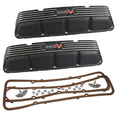 Valve Cover Kit, 343 Logo, Finned Black Wrinkle Aluminum, 1967-69 AMC, Jeep - Allow approximately 2-3 weeks for manufacturing plus shipping