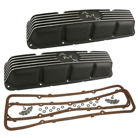 Valve Cover Kit, 68-69 AMX Logo, Finned Black Wrinkle Aluminum, 1968-70 AMC AMX - Allow approximately 2-3 weeks for manufacturing plus shipping