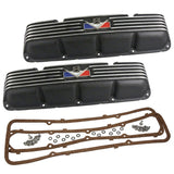 Valve Cover Kit, Red/White/Blue V-8 Logo, Finned Black Wrinkle Aluminum, 1966-91 AMC, Jeep - Allow approximately 2-3 weeks for manufacturing plus shipping