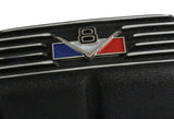 Valve Cover Kit, Red/White/Blue V-8 Logo, Finned Black Wrinkle Aluminum, 1966-91 AMC, Jeep