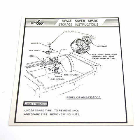 Jack Instructions Decal, Space Saver Tire, 1970 Ambassador, Rebel (Except Wagon) - AMC Lives