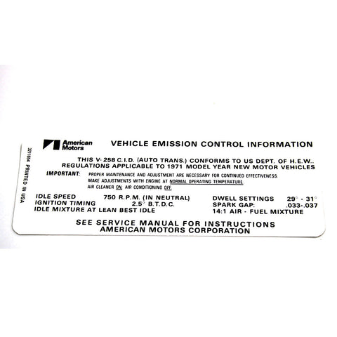 Emission Decal, 258 6-Cylinder Automatic Transmission, Except California, 1971 AMC