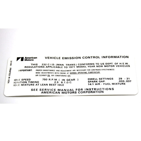 Emission Decal, 232 6 Cylinder Manual Transmission, Except California, 1971 AMC - AMC Lives
