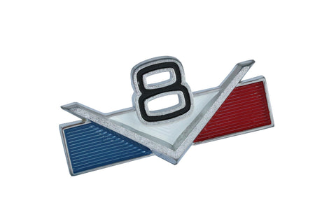 Fender or Door Emblem, "V8", 3" x 1.5", Red, White, & Blue, Stick On, 1965-91 AMC Jeep V8 (2 Required) - American Performance Products, Inc.