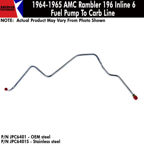 Fuel Line, Fuel Pump To Carburetor, V-8 w/4 Barrel, 1969 AMC Rambler (OE Steel or Stainless) - Drop ships in approx. 2-4 weeks