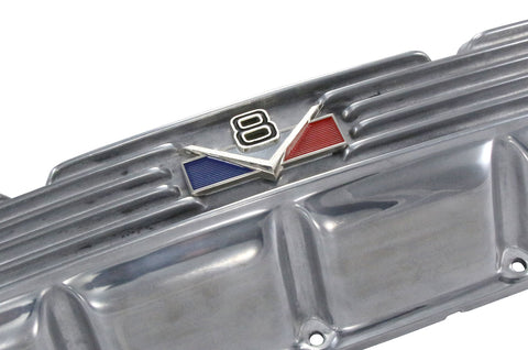 Valve Cover Kit, Red/White/Blue V-8 Logo, Finned Polished Aluminum, 1966-91 AMC, Jeep - Allow approximately 3-4 weeks for manufacturing plus shipping